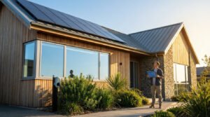 Homme avec plans devant une maison moderne à ossature bois et pierre, équipée de panneaux solaires et borne de recharge VE.
