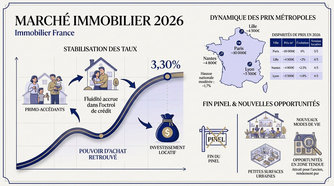 Graphique de la stabilisation du marché immobilier français en 2026