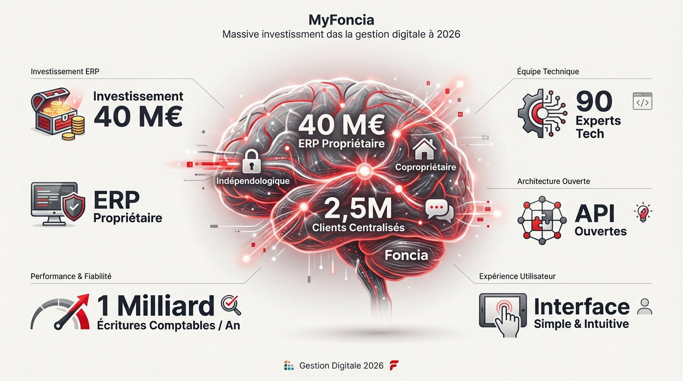 Interface numérique MyFoncia illustrant l'investissement technologique et la gestion immobilière digitale