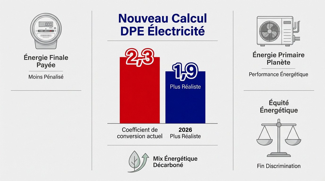 Graphique montrant le passage du coefficient DPE électricité de 2,3 à 1,9 en 2026