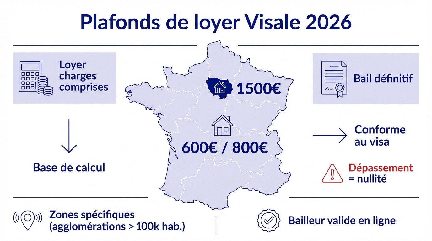 Tableau récapitulatif des plafonds de loyer Visale 2026 par zone géographique