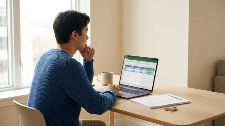 Jeune homme concentré sur un tableau financier sur son portable, un contrat de location et des clés à portée de main.