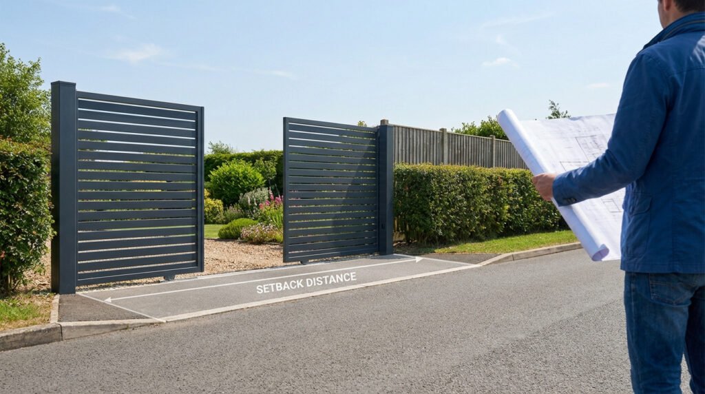 Un homme avec des plans inspecte un portail coulissant gris moderne, indiquant la distance de retrait requise au sol.