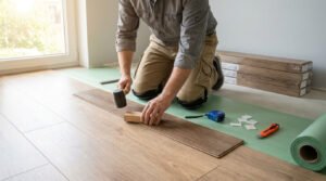 Un homme pose du parquet flottant sur une sous-couche verte, utilisant un maillet et une cale. Des outils et planches sont autour de lui.