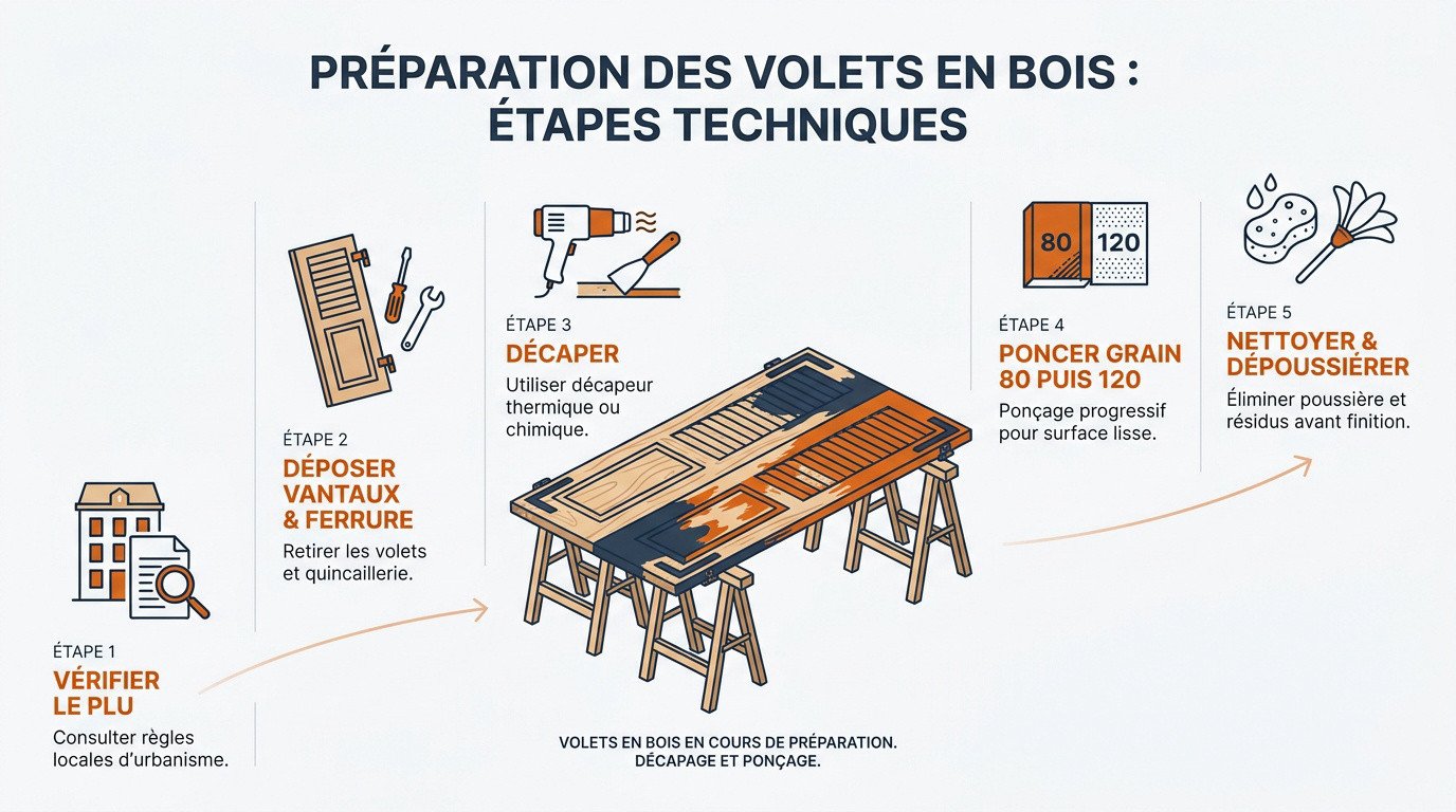 Étapes techniques de préparation des volets en bois avant peinture