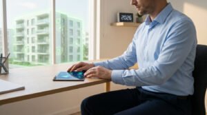 Homme sur tablette analysant données. Bâtiments à l'extérieur avec icônes énergie/environnement, horloge affichant 2026.