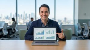 Homme souriant dans un bureau moderne, pointant un ordinateur portable affichant des graphiques financiers, avec skyline en arrière-plan.