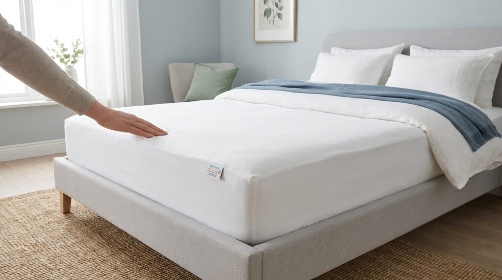Main touchant une housse de matelas anti-punaises blanche sur un lit moderne. La housse protège le matelas entièrement.