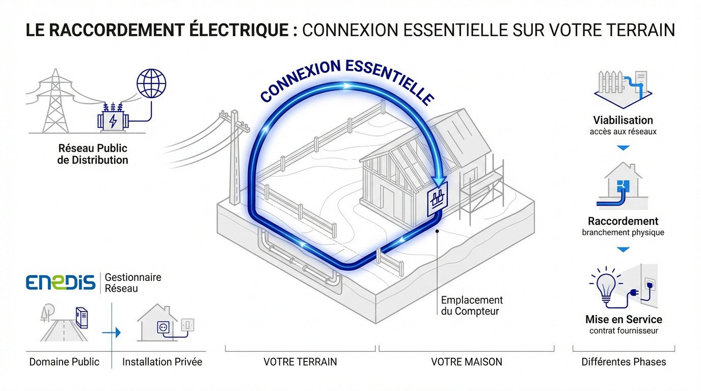 Technicien effectuant le raccordement électrique d'une maison neuve au réseau public