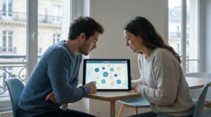 Un couple regarde attentivement une tablette affichant une carte avec des points d'intérêt immobiliers. Ils sont dans un appartement parisien.