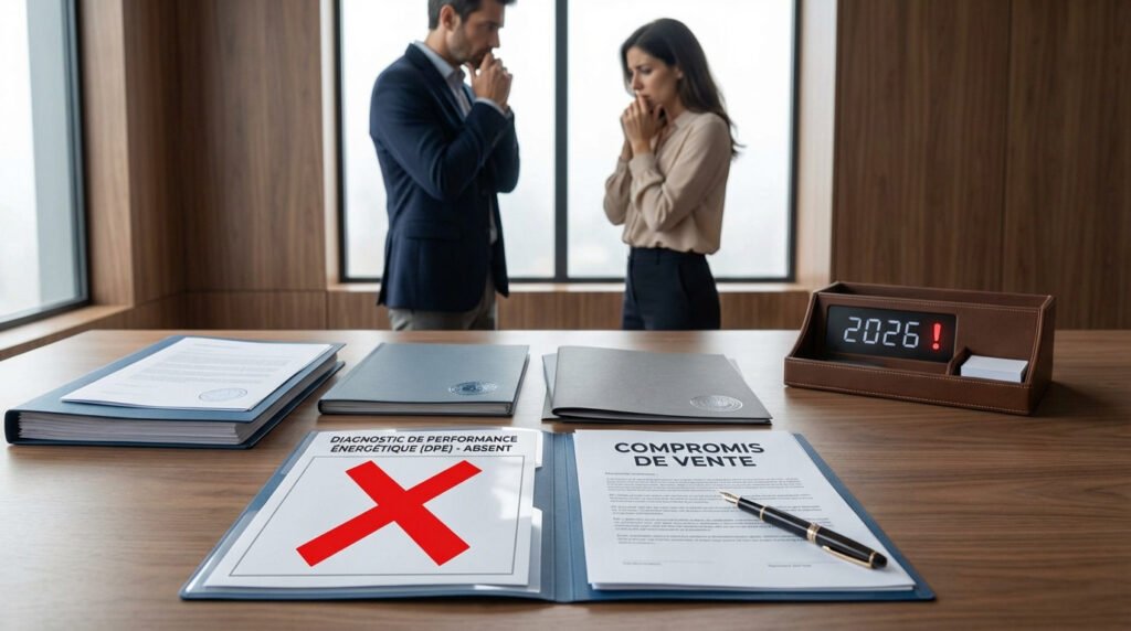 Un compromis de vente sans DPE et l'échéance 2026, symbolisés par des documents et un calendrier, devant un couple anxieux.