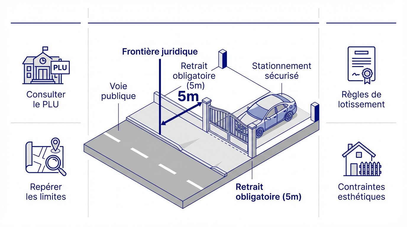Schéma des distances de retrait pour l'implantation d'un portail