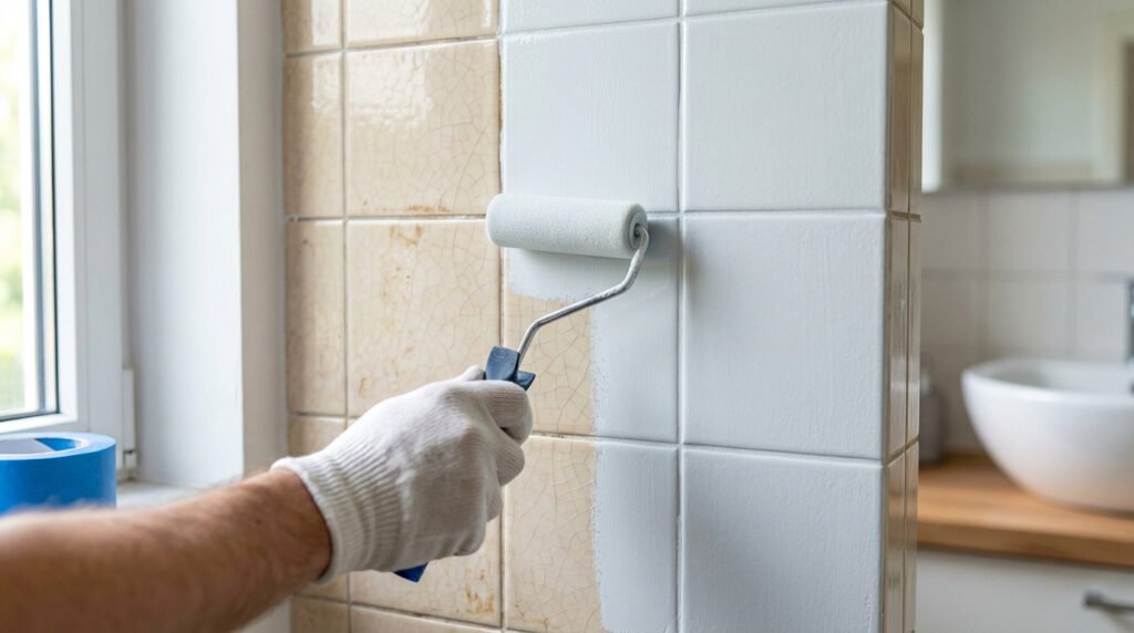 Main gantée peignant des carreaux de faïence muraux beige clair avec de la peinture blanche à l'aide d'un rouleau.