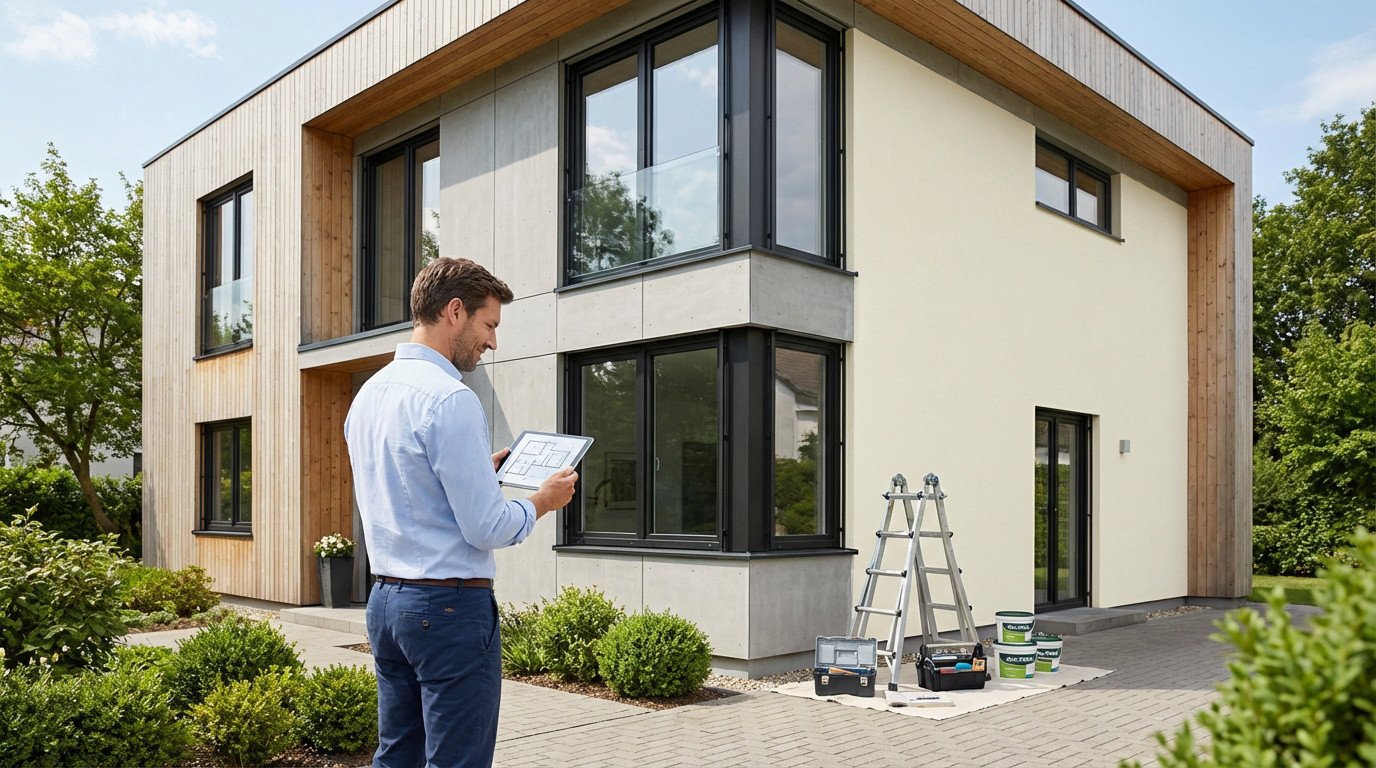 Un homme examine un plan sur tablette devant une maison moderne, avec échelle et pots de peinture, préparant des travaux.