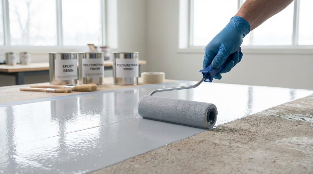 Main gantée appliquant une peinture époxy grise sur un sol béton au rouleau, avec des pots de résine et pinceaux en arrière-plan.