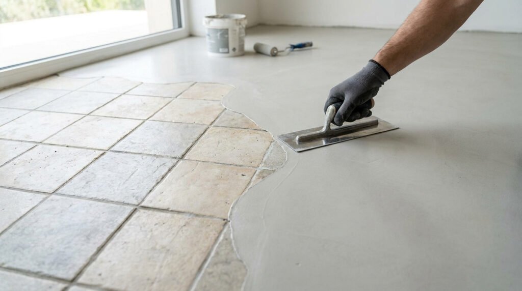 Main gantée étalant un enduit de ragréage gris sur un ancien carrelage de sol beige avec une truelle, près d'une fenêtre.