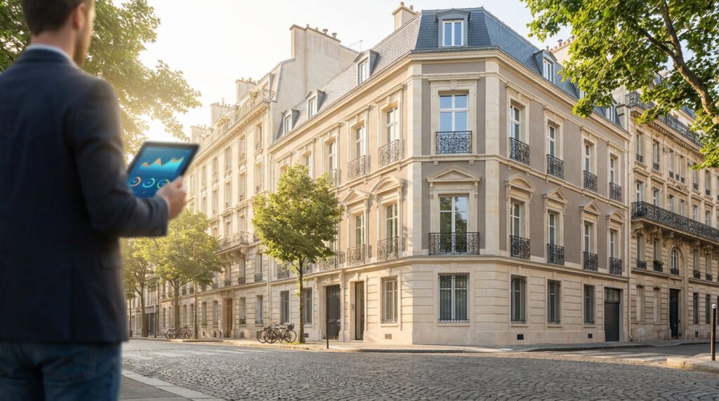 Un homme consulte des graphiques sur une tablette face à un immeuble haussmannien élégant, symbolisant l'analyse immobilière.
