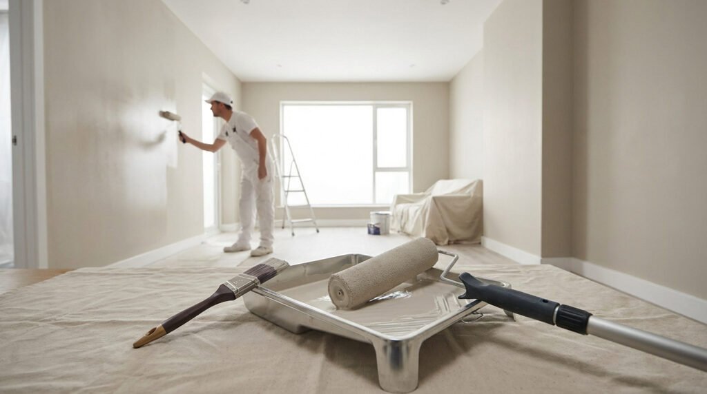 Un peintre en blanc applique de la peinture claire sur un mur. Au premier plan, un bac à peinture, un rouleau et un pinceau sur une bâche.