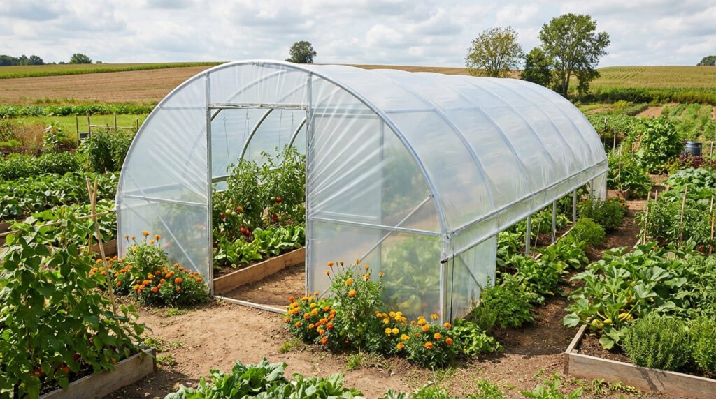 Grande serre tunnel en plastique transparent dans un potager verdoyant avec tomates, salades et fleurs colorées.