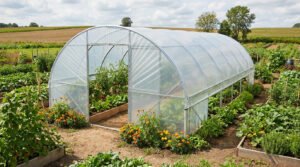 Grande serre tunnel en plastique transparent dans un potager verdoyant avec tomates, salades et fleurs colorées.
