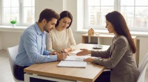 Un couple signe un contrat immobilier devant un notaire ou conseiller. Sur la table : des clés et une petite maison en bois.
