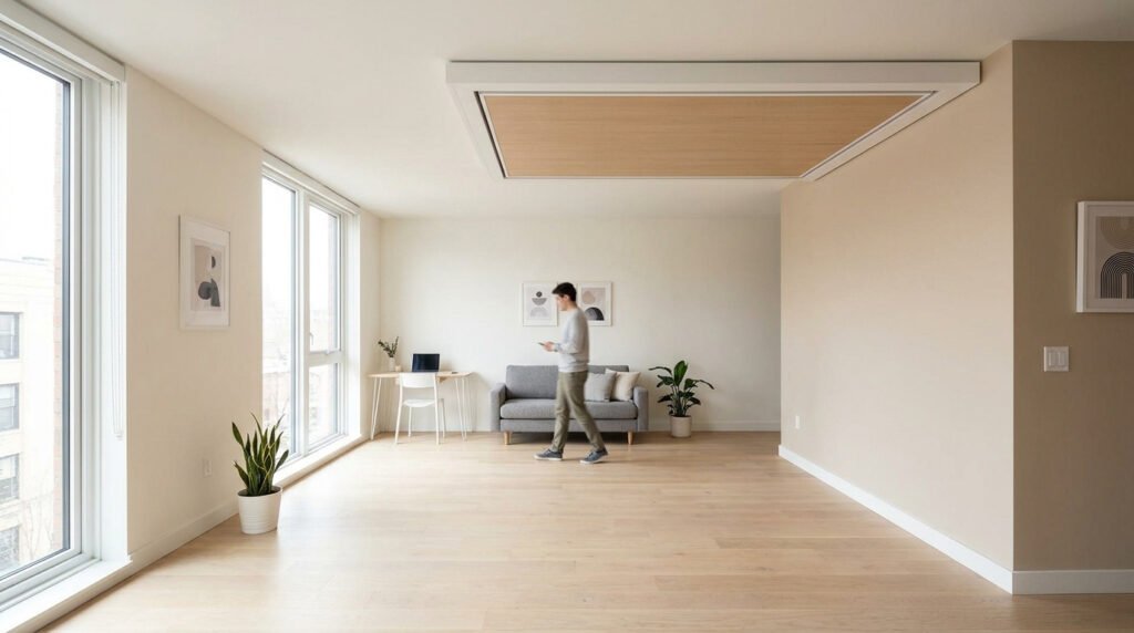 Un homme traverse un salon moderne et lumineux avec un lit escamotable en bois intégré au plafond. Le mobilier est minimaliste.