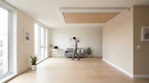 Un homme traverse un salon moderne et lumineux avec un lit escamotable en bois intégré au plafond. Le mobilier est minimaliste.