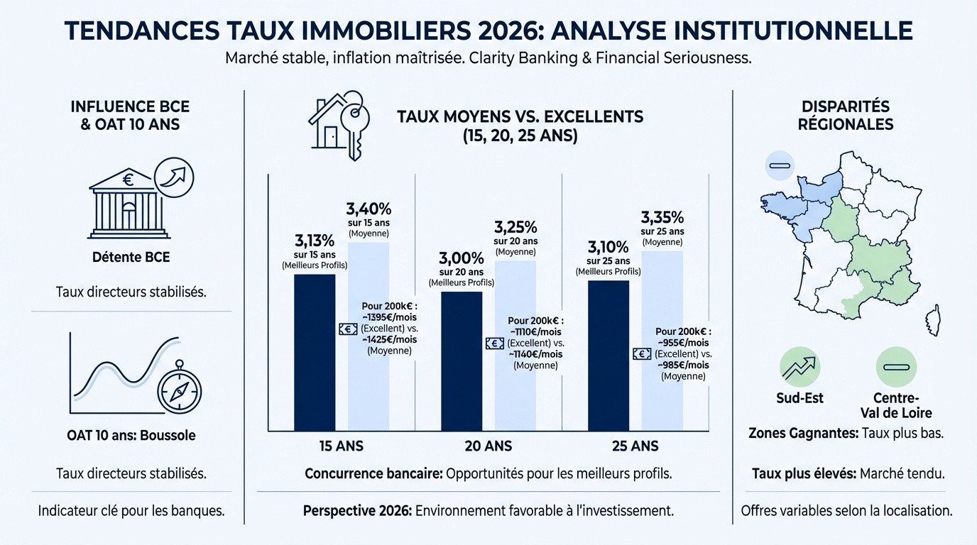Graphique des taux immobiliers moyens et excellents en 2026 par durée de prêt