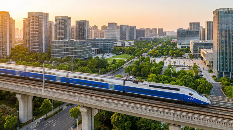 Train LGV bleu sur viaduc, traversant une ville moderne avec des gratte-ciel et parcs, au coucher du soleil.