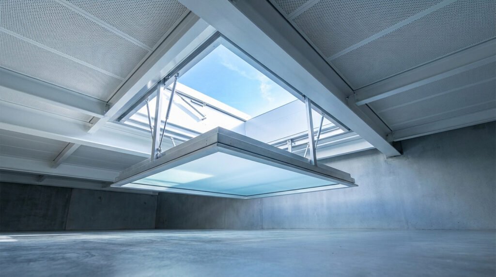 Grande trappe de désenfumage vitrée ouverte vers un ciel bleu, installée dans un plafond acoustique perforé d'un bâtiment moderne.