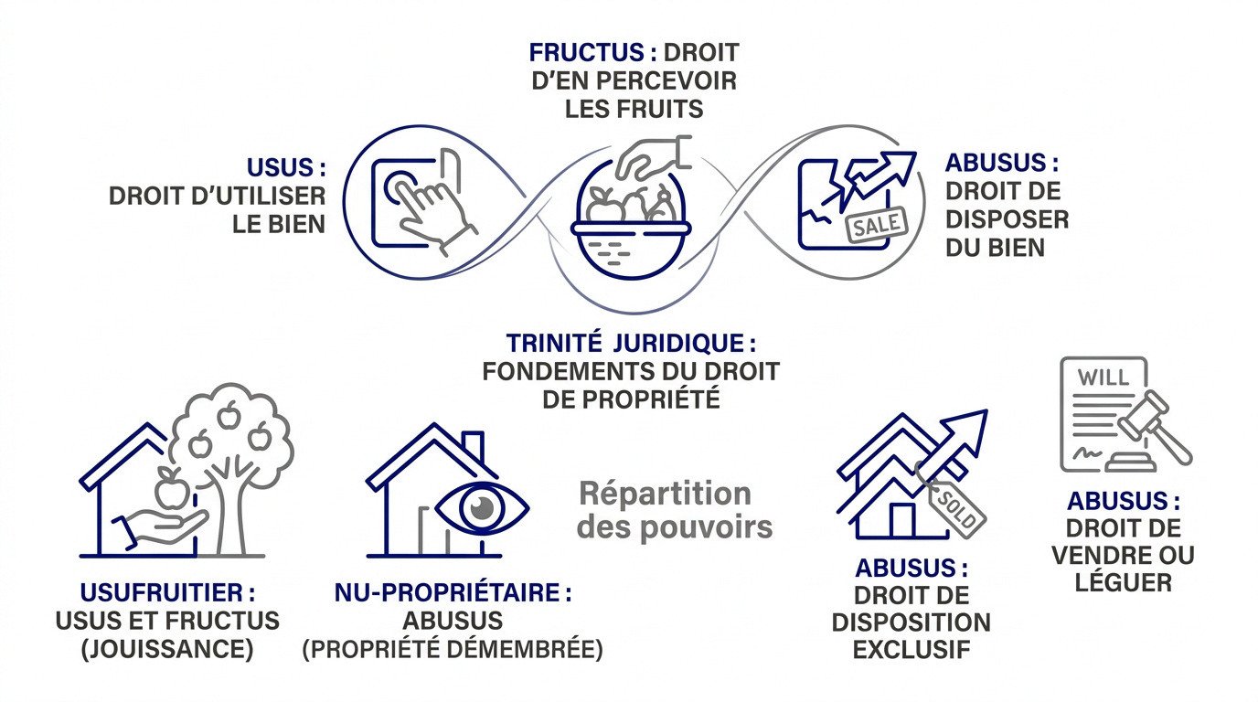 Schéma explicatif de la trinité juridique entre usus, fructus et abusus pour comprendre le démembrement de propriété