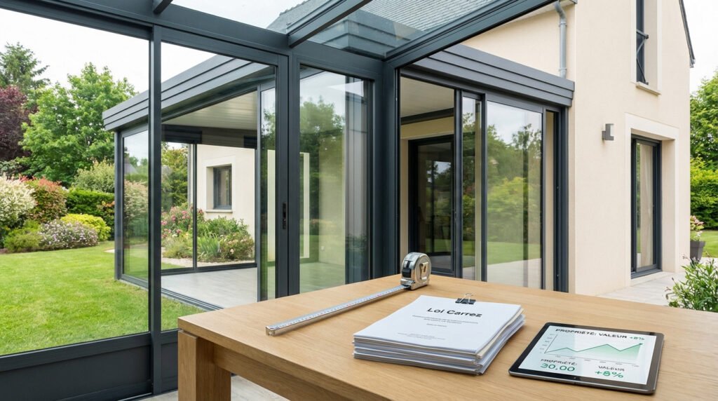 Vue intérieure d'une véranda moderne avec table en bois, mètre, documents "Loi Carrez" et tablette affichant des données de surface.