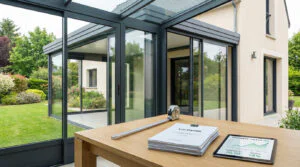 Vue intérieure d'une véranda moderne avec table en bois, mètre, documents "Loi Carrez" et tablette affichant des données de surface.