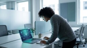 Une femme travaillant sur un ordinateur affichant des icônes de sécurité numérique dans un bureau moderne.