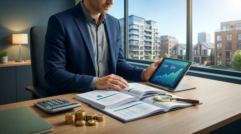 Homme analysant des finances immobilières sur une tablette et des documents. Graphique de croissance, IFI 2026, bâtiments.