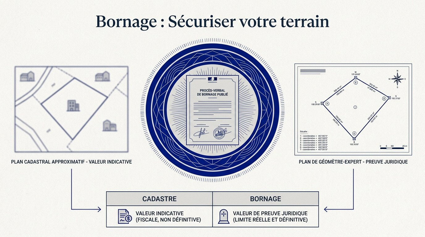 Géomètre-expert effectuant un bornage de terrain pour sécuriser les limites de propriété