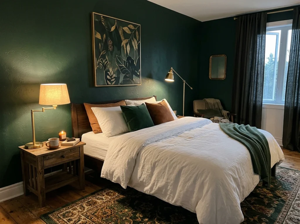 chambre adulte cocooning mur vert forêt couleurs profondes déco