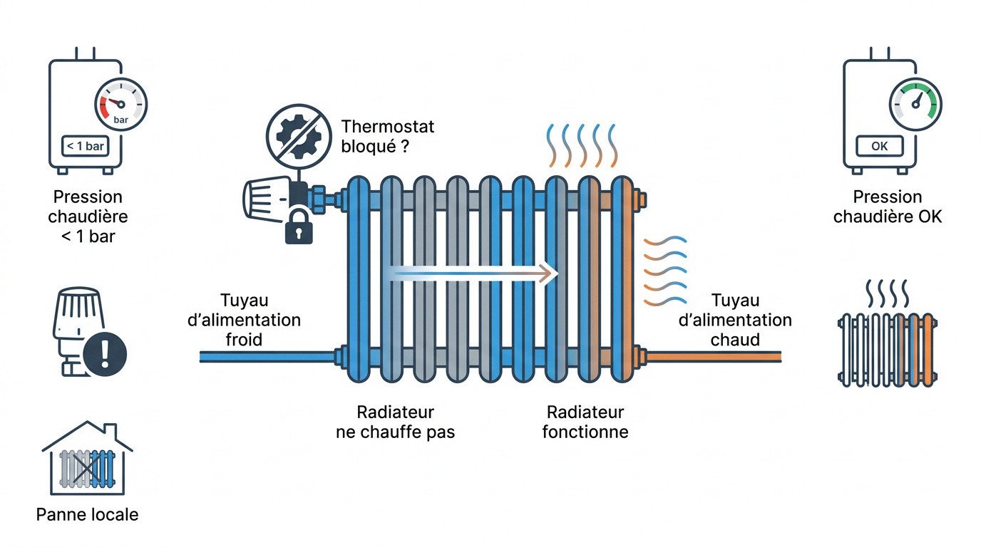 Schéma de diagnostic pour un radiateur froid avec tuyau d'alimentation froid