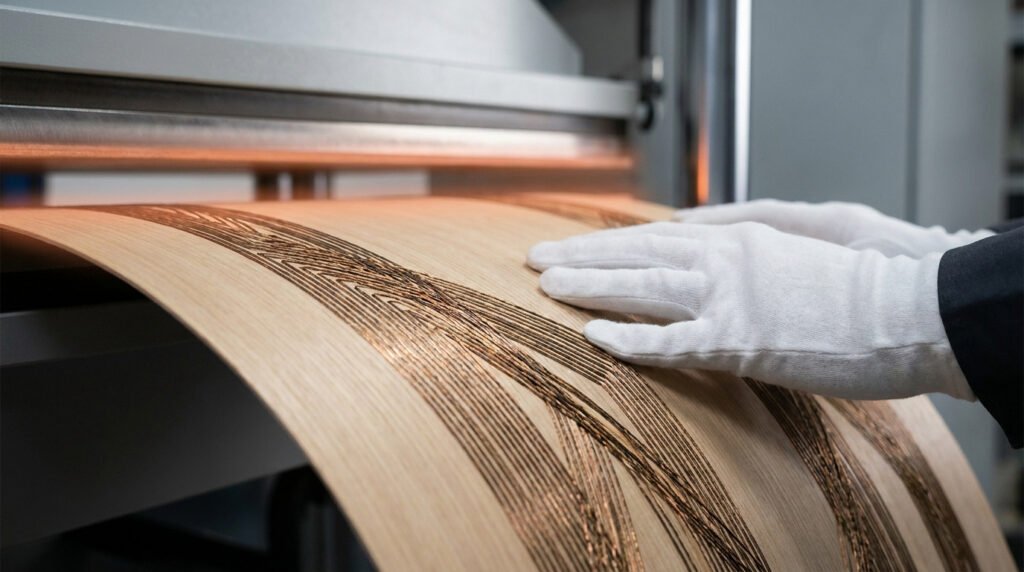 Mains gantées manipulant une feuille de bois plaqué avec un motif de couture en relief sur une machine industrielle.