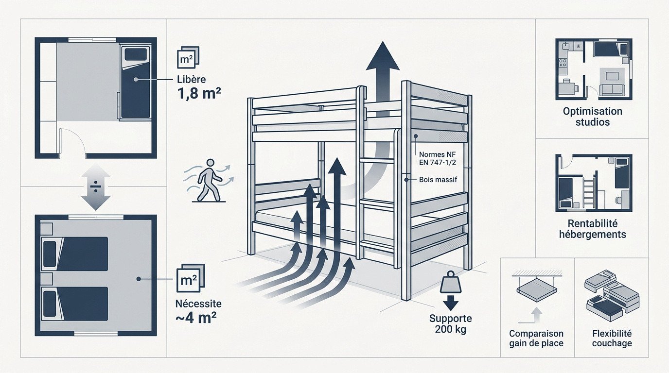 Lit superposé en bois massif pour optimisation d'espace adulte