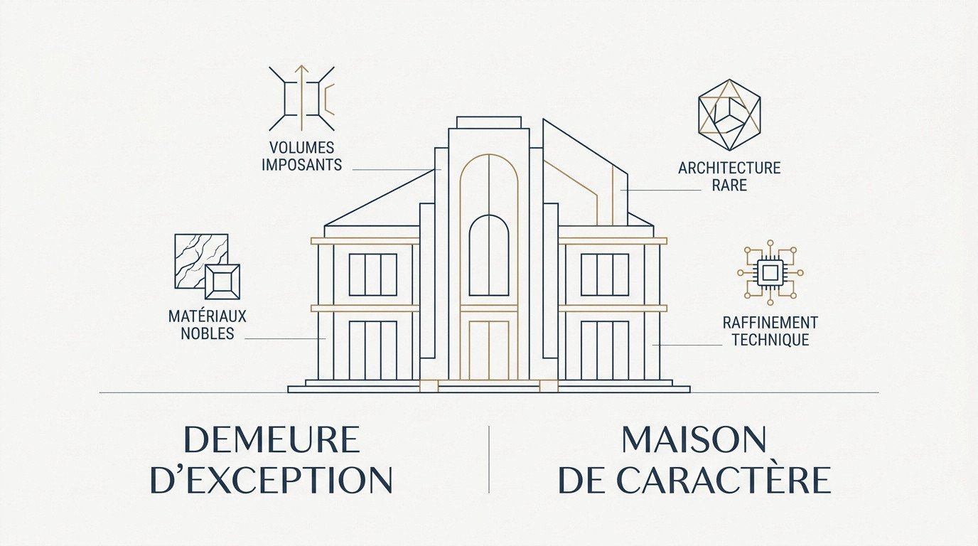 Infographie comparative entre une demeure d'exception et une maison de caractère