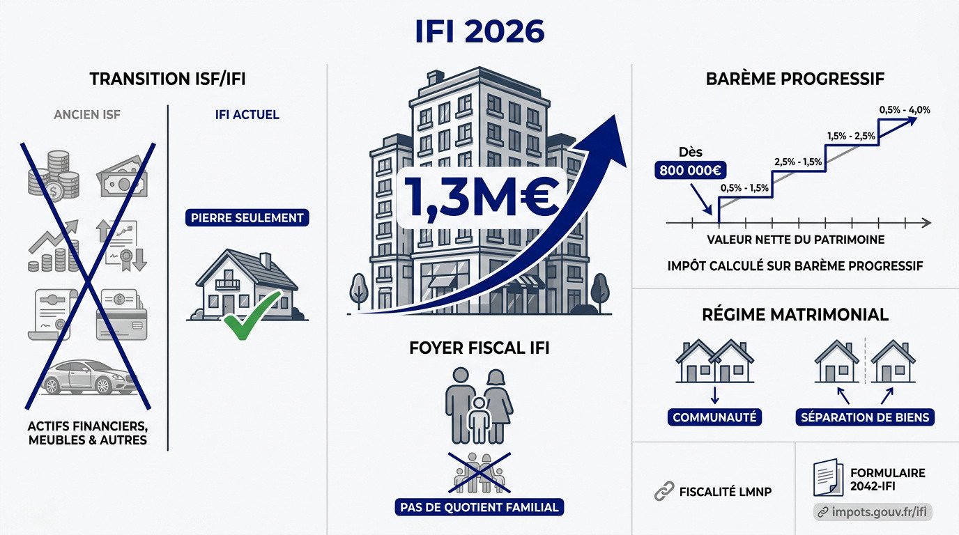 Infographie expliquant le fonctionnement et les seuils de l'IFI 2026