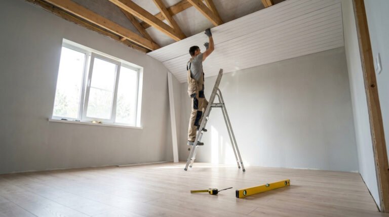Un homme installe des lambris PVC blancs sur le plafond mansardé d'une pièce lumineuse, sur un escabeau.