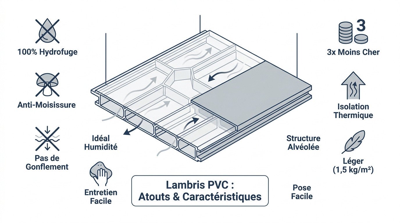 Pose de lambris PVC blanc au plafond d'une pièce d'eau