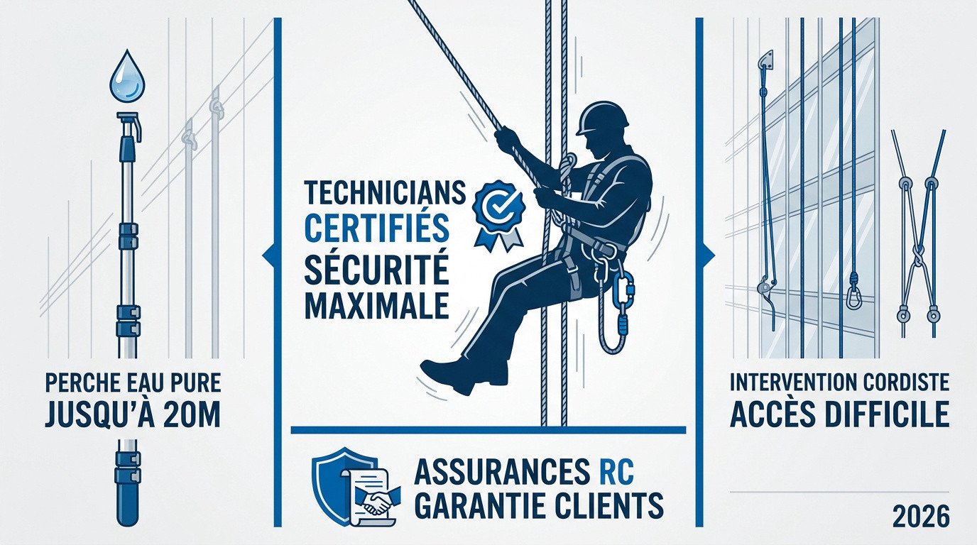 Technicien cordiste effectuant le nettoyage de vitres sur un immeuble moderne à Paris