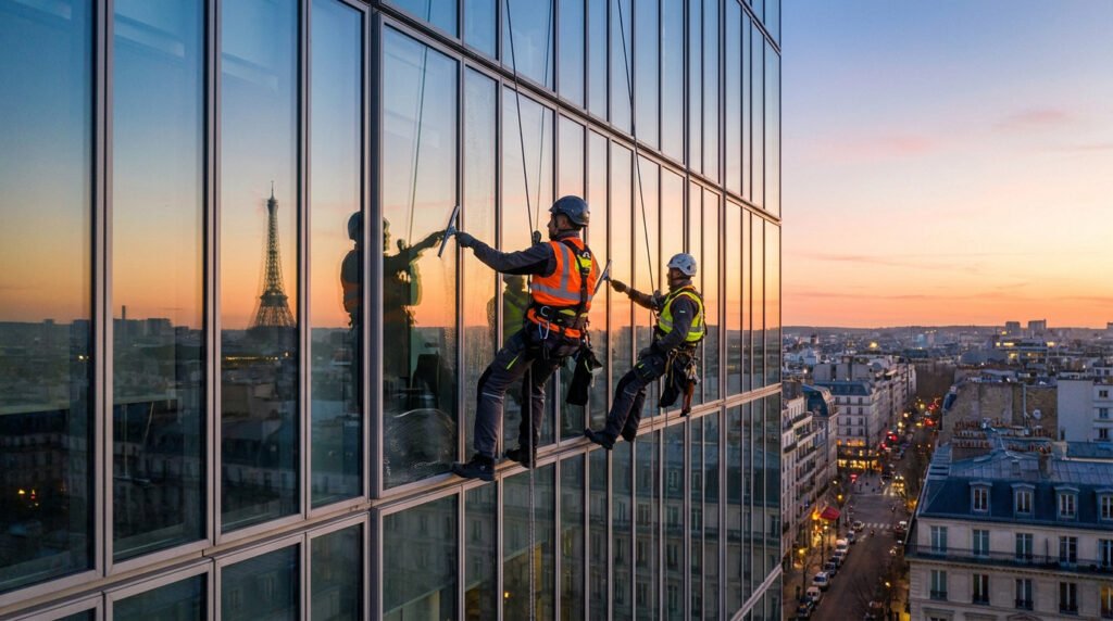 Deux laveurs de vitres suspendus sur un gratte-ciel moderne, nettoyant les fenêtres. La Tour Eiffel se reflète avec un coucher de soleil sur Paris.