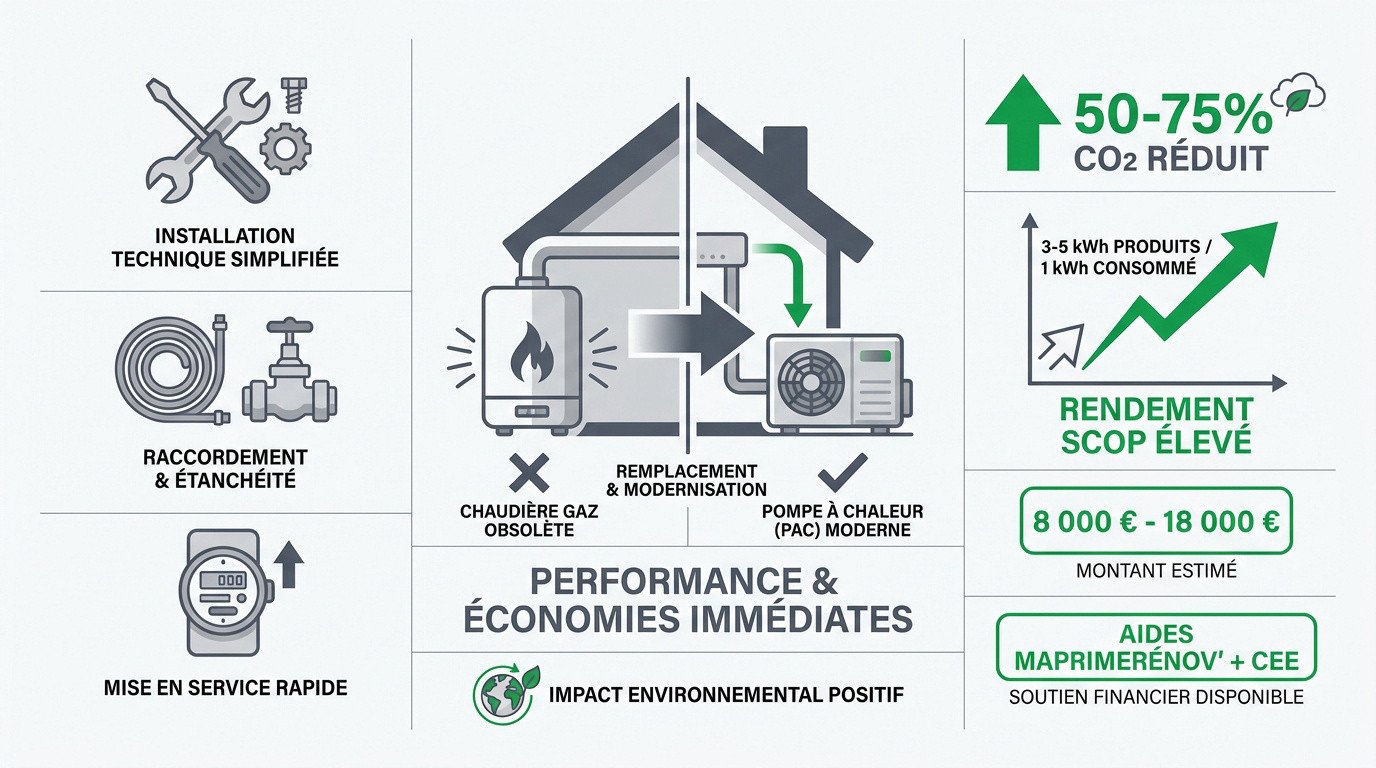 Installation d'une pompe à chaleur air-eau performante en remplacement d'une chaudière gaz