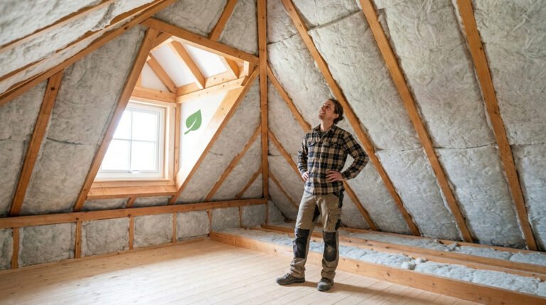 Un homme examine des combles fraîchement isolés avec de la laine minérale sous une charpente en bois apparente.