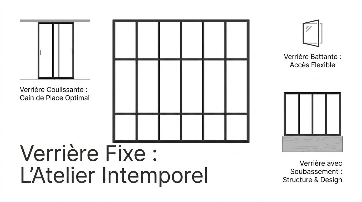 Infographie présentant les différents types de verrières intérieures : fixe, coulissante et avec soubassement