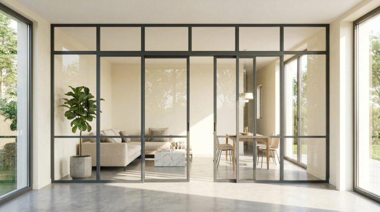 Verrière intérieure coulissante en métal noir séparant un salon lumineux et une salle à manger minimaliste.